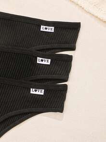 5 piezas Bragas de mujer de alta elasticidad acanaladas, ropa interior con diseño de letras de talle bajo - Negro - Ver 9
