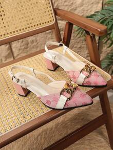 通勤搭扣尖头金属链条高跟凉鞋，新款夏季厚底印花百搭闭趾套脚女鞋 - 粉色 - 查看 7