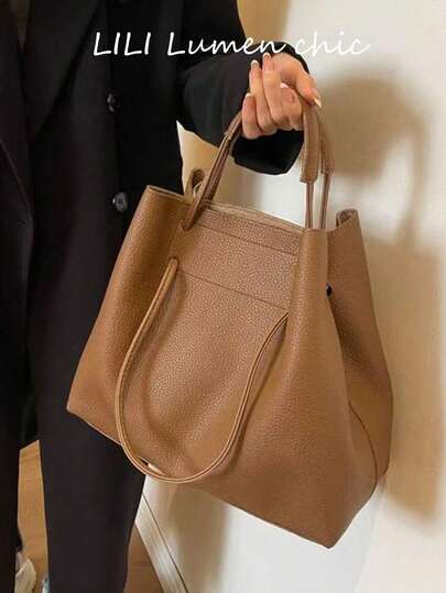 大容量女士包，超流行，时尚纹理手提包和单肩包，工作通勤两相宜，腋下手提包，纯色PU材质，女士腋下手提包，荔枝图案女士手提包，水桶包款式，精准缝线，敞口设计，双提手方便手提，适合女士外出、购物、约会、日常通勤等各种场合。