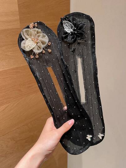 1pc New Flower Bud Hair Bun Maker, Romantic Starry Sky Mesh Twist Bun Shaper Hair Clip With Rhinestone & Pearl Decor, Elegant High Ponytail & Bun Hairstyle Tool, Fresh & Cute Fashion Hair Accessory For Daily Use, Suitable For Beach Vacation, Date, Work Commute