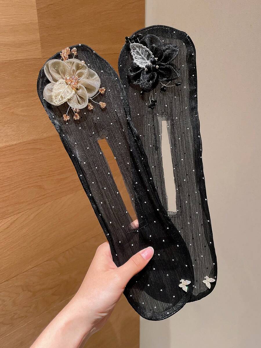1/2件裝新款花苞髮髻造型器 浪漫星空網紗扭轉髮髻夾 鑲鑽與仿珍珠裝飾優雅髮髻造型器 百搭髮飾 適合日常使用、海邊度假、約會、通勤、夏季、假期、旅行、節慶、生日