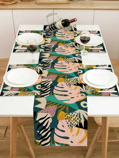 1 قطعة من طاولة عداء مطبوع بأوراق النخيل الاستوائية، 4 قطع من أطباق الطاولة المطبوعة بأوراق النخيل، مناسبة للعطلات والحفلات وأعياد الميلاد والعشاء، ديكور المطبخ وغرفة الطعام، قابلة للاستخدام في جميع المواسم، ديكور منسوجات المنزل