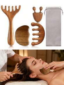 2pcs/3pcs/4pcs Sandalwood Massage Tools Set, Includes Face & Head Massage Scraper, Facial Beauty Massage Stick, Body Massage Board For Muscle Relaxation - Brown - View 1