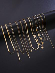 10件套时尚简约优雅水晶十字架和心形仿珍珠金色项链套装，适合女性在假期、派对、宴会、节日、生日、日常佩戴。 - 金黃色 - 查看 4