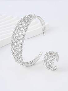 简约锆石手链戒指套装，百搭且适合所有人 - 立體幾何紋理 - 查看 3