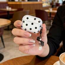 Black Polka Dot Cream Ruffle Edge Earphone Case With Pearl Bow Charm, Compatible With Apple 1/2, Pro, 3, Pro 2, 4, Pro 3 Bluetooth Earphone Charging Case - Black - View 2