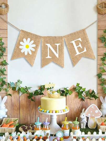 1pc ONE Theme Linen Daisy Bunting Banner, Baby 1st Birthday Party Decoration Flag, Suitable For Boy Or Girl 1 Year Old Birthday Party Supplies