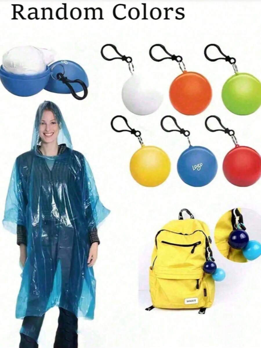 1 Pc Portable Raincoat Ball, Disposable Thickened Raincoat With Ball-Shaped Storage Box, Suitable For Hiking & Camping; Can Hang On Backpack; Random Color Camping Stuff - متعدد الألوان - مشاهدة 1