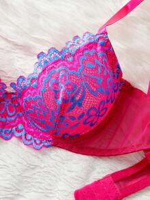 欧美新款春夏性感蕾丝文胸套装，深V褶皱文胸和内裤 | 轻盈网纱，舒适无钢圈透视性感内裤 - 玫紅色 - 查看 3