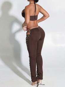 2pcs/Set Sexy Lace-Up Crop Top And Drawstring Waist Pants, Street Fashion Outfit, Suitable For Party, Spring/Summer. - Brown - View 3