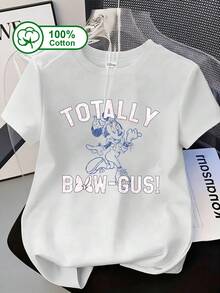 Disney Women's Casual Everyday 100% Cotton Short-Sleeve T-Shirt, Featuring Mickey Mouse With The "TOTALLY BOW-GUS!" Letter Print, Suitable For Everyday Outings, School, And Visits To Disneyland. Summer Clothing, Mickey Mouse Line-Drawing Graphic Printed T-Shirt. White - White - View 1