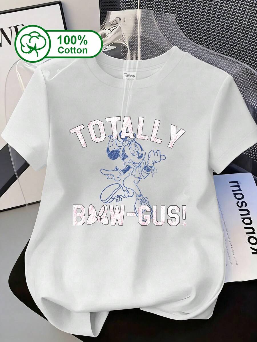 Disney Women's Casual Everyday 100% Cotton Short-Sleeve T-Shirt, Featuring Mickey Mouse With The "TOTALLY BOW-GUS!" Letter Print, Suitable For Everyday Outings, School, And Visits To Disneyland. Summer Clothing, Mickey Mouse Line-Drawing Graphic Printed T-Shirt. White - White - View 1
