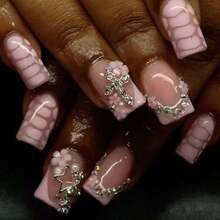 24 Pieces Wearing European Square Pink French Edge Five-Petaled Flower Star Cross With Diamond Design Removable Fake Nails - Pink - View 6