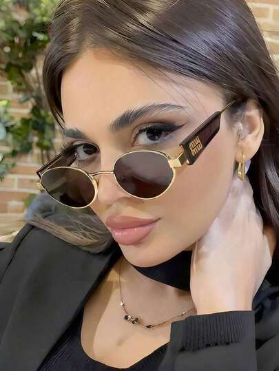 1pc New Oval Metal High-Fashion Glasses, European And American Style For Women