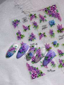 Nail Art Sticker With Purple Lilac Flower Clusters As The Main Element, Accented With A Few Blue-Purple Flowers And Fresh Green Leaves, Paired With A Gentle, Healing English Phrase. The Overall Color Tone Is Soft And Elegant, Exuding A Tranquil And Romantic Spring Vibe. The Style Is Intellectual, Gentle And Poetic, Highly Suitable For Those Who Love Spring Ambiance, Pursue Delicate Emotional Expression And Healing Aesthetics. - Multicolor - View 3