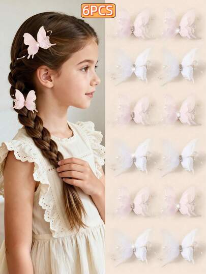 Bộ 6 kẹp tóc hình bướm màu trắng chất lượng cao, đính pha lê lấp lánh, chất liệu chiffon mỏng nhẹ, phụ kiện tóc kiểu công chúa thanh lịch, phù hợp cho tiệc sinh nhật, dạ hội và sử dụng hàng ngày.