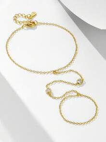 1pc S925 Sterling Silver Round Zirconia Finger Chain, Minimalist Knuckle Hand Chain, Layered Wear Jewelry For Women - Gold - View 7