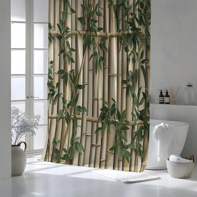 1pc Wood Grain & Green Plant Printed Shower Curtain, High Quality Home Decor Curtain, Modern Versatile Bathroom Matching, All Season Shower Curtain With 12 Hooks