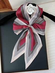 1pc Long Silk Scarf, Double-Sided Printed Silk-Feel Scarf, Suitable For Women In Spring, Summer And Autumn To Wear Around Neck, Pair With Shirts, Jeans, As Waist Belt, Hair Tie Or Headband - Burgundy - View 1