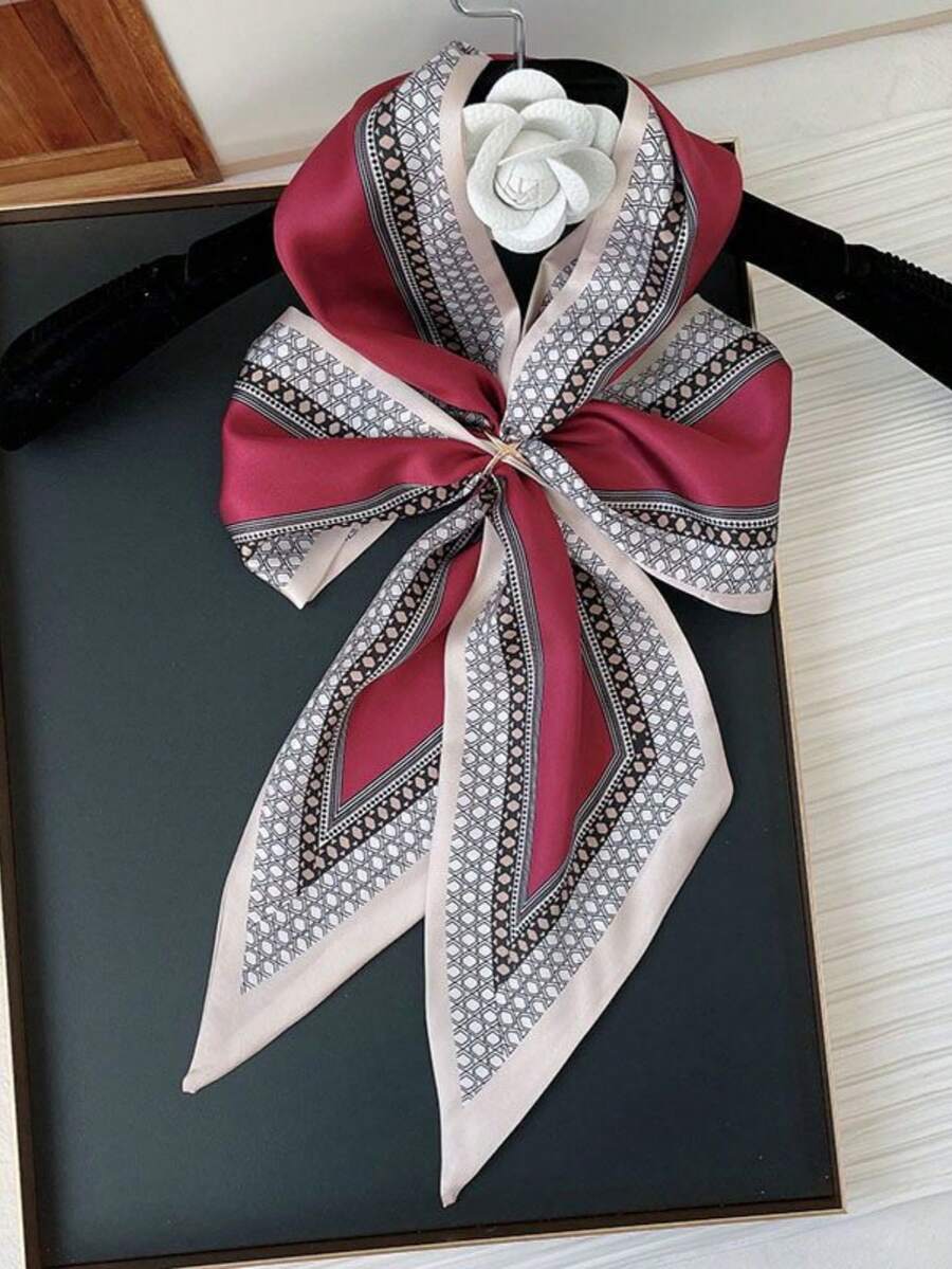 1pc Long Silk Scarf, Double-Sided Printed Silk-Feel Scarf, Suitable For Women In Spring, Summer And Autumn To Wear Around Neck, Pair With Shirts, Jeans, As Waist Belt, Hair Tie Or Headband - Burgundy - View 1