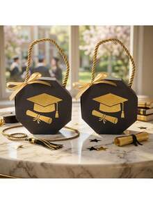 10pcs Graduation Cap Shaped Candy Gift Box Set, Ideal For Packaging Chocolates During Graduation Ceremonies. These Octagonal Mini Handled Gift Boxes Are Perfect For Parties - Multicolor - View 2