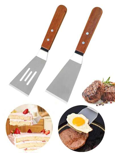 1pc Flat Spatula, Kitchen Cooking Tool Stainless Steel Wooden Handle Iron Plate Pancake Cake Spatula,Stainless Steel Flat Shovel, Wooden Handle Cooking Shovel, Flipping Spatula, Tiramisu Shovel, Cake Shovel, Steak Frying Spatula, Iron Plate Barbecue Spatula, Pizza Spatula, Cooking Stir Fry And Fried Egg Spatula, Cake Cutter, Cake Scraper, Iron Plate Barbecue Shovel, Kitchen Baking And Cooking Tools, Applicable To Cake, Tiramisu, Bread, Fried Steak, Teppanyaki, Pancake, Fried Chicken Rolls, Etc,