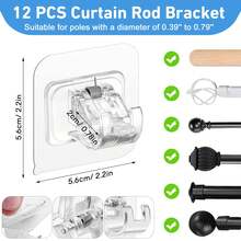 8个窗帘杆支架挂钩，通用免钻孔壁挂式窗帘杆支架，多用途浴室厨房酒店墙夹，无需安装衣柜杆固定器，适用于直径1-2厘米的窗帘杆，适用于家庭浴室厨房 - 彩色 - 查看 2