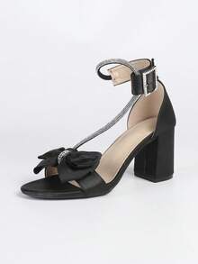 Women's Bow Rhinestone Decor Chunky Heel Open Toe Ankle Strap Sandals, French Chic Style, Green High Heel Sandals For Summer - Black - View 6