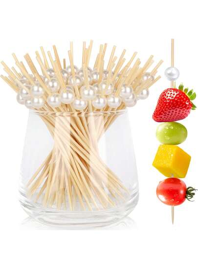 100pcs White Pearl Cocktail Picks, Suitable For Cocktail, Beverage, Fruit And Food Decoration; 4.72 Inch Bamboo Skewers And Wooden Cocktail Sticks, Suitable For Wedding, Bridal Party And Event Decoration; Appetizer Platter Accessories