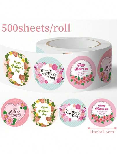 500张/卷 母亲节装饰贴纸，自粘礼品包装贴纸，适用于礼品袋、礼品盒、贺卡、信封、梅森罐、家居装饰、派对装饰、节日标签，也可用于母亲节手工制作、剪贴簿、礼品包装、派对礼品和日常装饰。