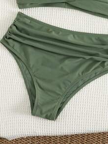 Women's Crossback Solid Color Bikini Set, 2 Pieces Swimwear For Summer Beach Vacation - Army Green - View 9
