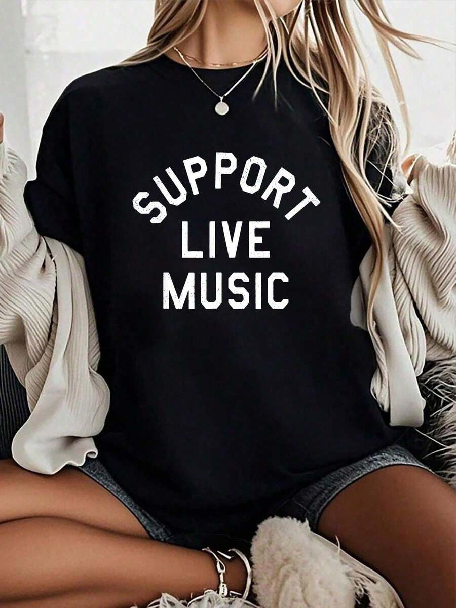 Camiseta unisex 100% algodón con estampado divertido de apoyo a la música en vivo, camiseta de cuello redondo 100% algodón. - Negro - Ver 1