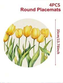 4pcs/6pcs Yellow Tulip Pattern Round Placemats, Home Decor, Modern Style, Faux Linen Material, Spring/Summer Home Decor, Indoor/Outdoor Party Supplies, Retro Theme Decoration, Room Decor. Suitable For Daily Home Kitchen Decor And Everyday Event Party Decoration - Multicolor - View 8