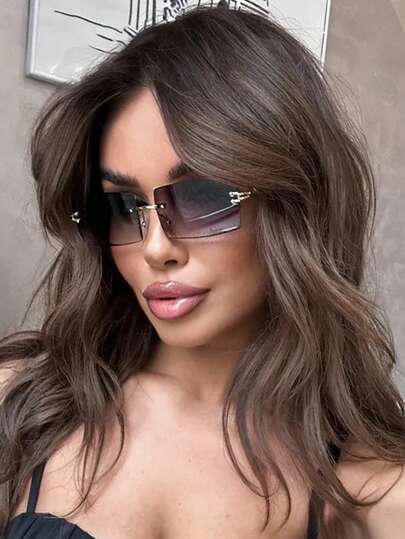 1副小框方形复古个性时尚眼镜，无框Y2K百搭女式眼镜，适合旅行、度假、街头摄影、送礼、日常佩戴、沙滩配饰