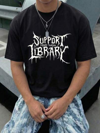 Men's Support Your Local Library Slogan Metal Text Graphic Dropped Shoulder T-Shirt, Casual Street Punk Goth Style, Soft Touch, Summer