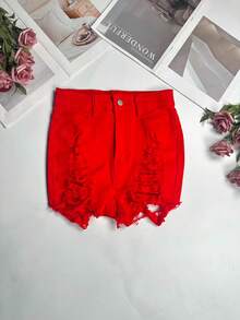 Summer Sexy Ripped Frayed Hem Fitted Shorts, Fashionable Cute, Versatile Outdoor Women Clothing Casual Red - Red - View 5