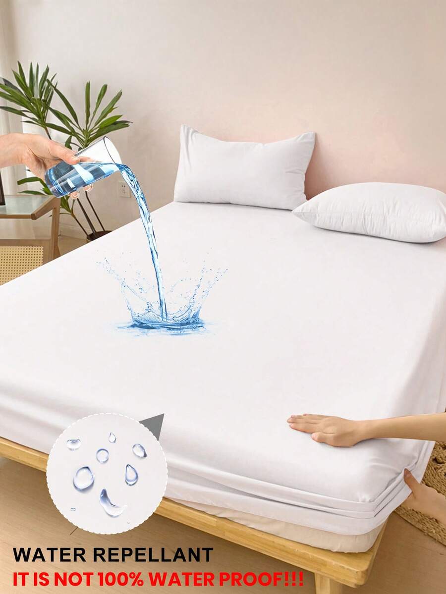 1pc Water Repellant Fitted Sheet, Bedding, Solid Color Bed Sheet, Mattress Protector, Mattress Cover, Noiseless Water Repellant Fitted Sheet Mattress Cover Machine Washable Soft Comfortable Waterproof Bed Cover, For Twin, Full, King, Queen Size, Perfect Holiday, Machine Washable (Pillowcase Not Included) - White - View 1