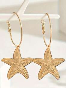 一对度假风波西米亚贝壳、海螺、仿珍珠、海星和海洋生物造型吊坠耳环，夸张的金属设计耳环，适合日常、街头、海滩派对等各种场合。 - 金色 - 查看 4