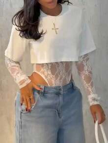 Women's Sexy Sheer Lace Short Sleeve Crop Top, Solid Color Lace Patchwork See-Through Sexy Bodysuit For Daily Wear, Dating, Single Party, Stage Performance, Spring/Summer Pink - 白色 - 查看 6
