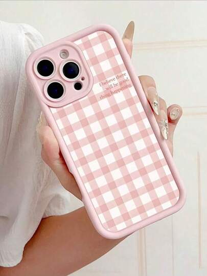 Funda de teléfono dura y minimalista con patrón de cuadros blancos y rosas, patrón de eslogan de cuadros de color, agujero fino y efecto esmerilado, para iPhone 11/12/13/14/15/16pro Max/17/17PRO/17PROMAX/AIR, regalo de primavera y Pascua