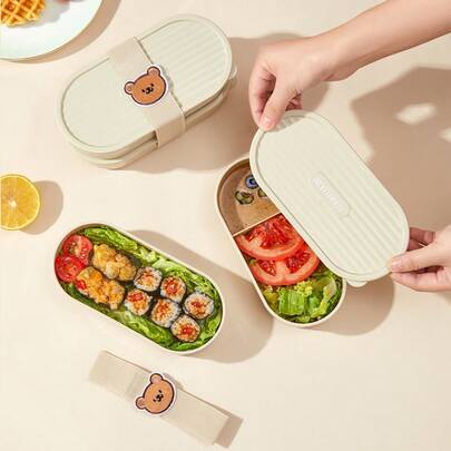 Bộ 2 hộp cơm trưa bằng nhựa có thể xếp chồng, chia ngăn, dung tích 730ml, hộp bento hình bầu dục di động có thể tái sử dụng với dây đeo hình hoạt hình dễ thương, hộp đựng trái cây, salad, thực phẩm để chuẩn bị bữa ăn và kiểm soát khẩu phần, hộp đựng cơm dùng được trong lò vi sóng, phù hợp cho học sinh và người lớn sử dụng tại nhà, trường học, ký túc xá, văn phòng, cắm trại ngoài trời, dã ngoại, du lịch, mang cơm trở lại trường.