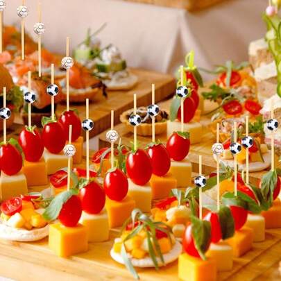 25/60/99pcs/Pack Black & White Football Themed Cocktail, Sushi, Fruit Picks, Cocktail Bamboo Skewers, Decoration For Party, Wedding, Cake, Dessert