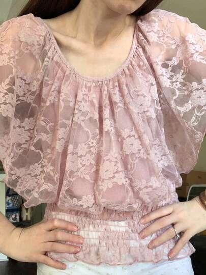 Y2k Sweet O Neck Short Sleeve Lace Slim Waist Solid All Match Edible Tree Fungus T-Shirts Summer Vacation Going Out Top Pink