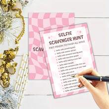 Bộ 10/30 thẻ trò chơi săn tìm kho báu selfie, họa tiết caro hồng, thiết kế hai mặt hình vuông màu hồng, kích thước 4 inch * 6 inch, chữ "Selfie Scavenger Hunt". Thích hợp cho các trò chơi selfie, thẻ trò chơi tiệc tùng, v.v. - A - Xem 4