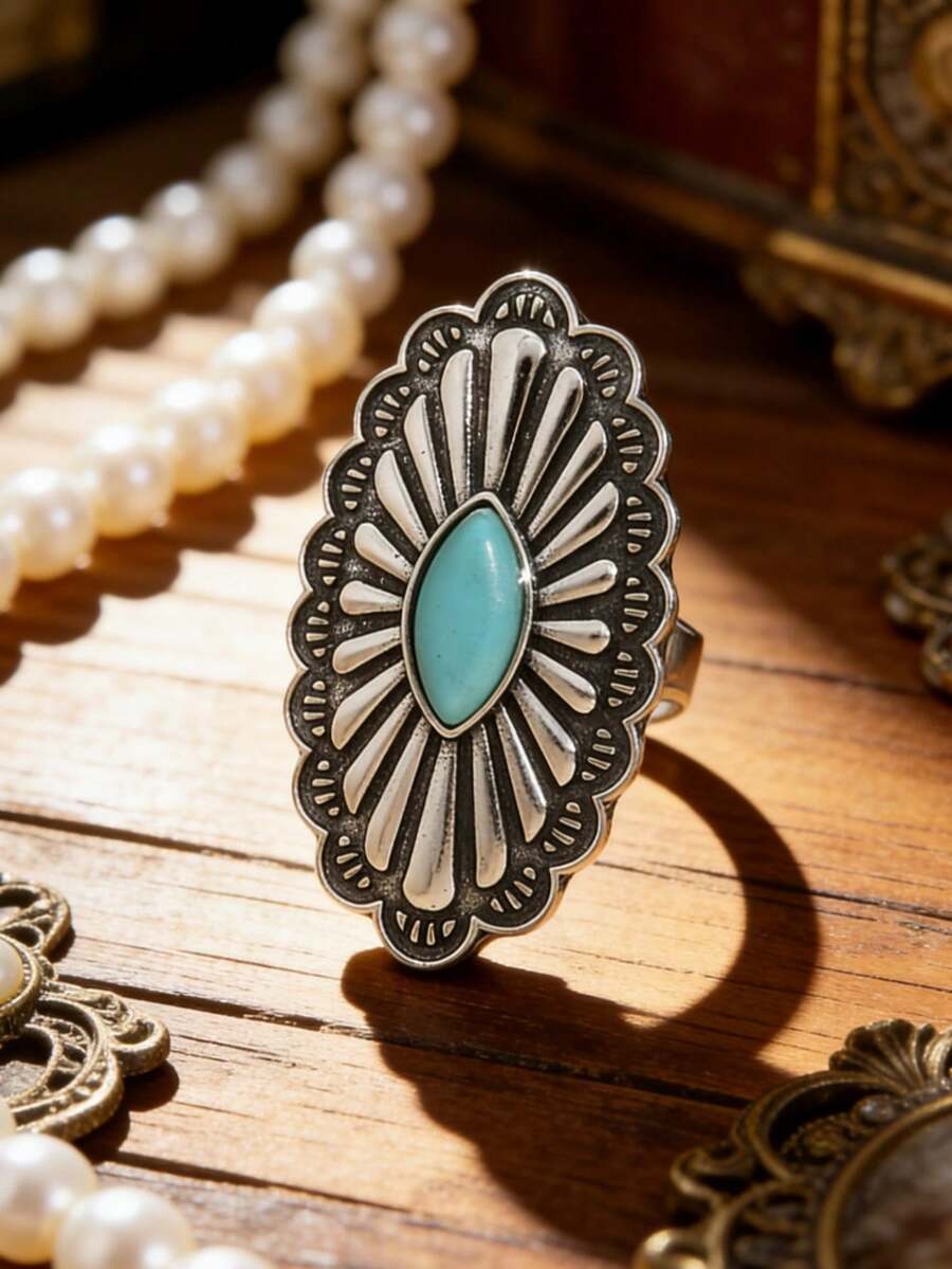 Anillo vintage con plata desgastada y turquesa, anillo bohemio exagerado - Plateado - Ver 1