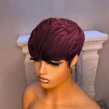 Brazilian Remy Human Hair Pixie Cut Wig, 1B Black , 99J Burgundy, 4# Brown Colored Short Glueless Wig With Bangs, Layered, Full Machine Made, Natural Black, Straight Hair, 180% Density, Rose Cap, For All Ethnicities - Multicolor - View 6