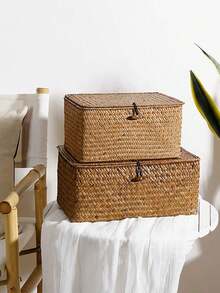 1pc Woven Basket With Lid, Rectangular Wicker Storage Box, Covered Toy Storage Bin, Exquisite Room Decor, Home Decor, Kitchen Decor, Bathroom Decor, Bedroom Decor, New Year & Valentine's Day Gift - 棕色 - 查看 11