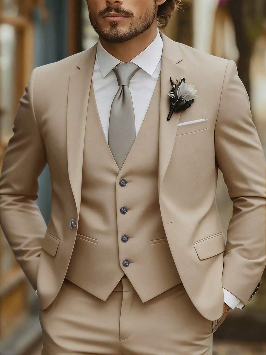Men'S Three-Piece Suit - Suitable For Both Formal And Casual Business Occasions Featuring A Slim Fit, Non-Stretch Material, Long Sleeves, Lapel Collar, And Solid Color, Ideal For Weddings, Work Uniforms, And Holiday Presents - 卡其色 - 查看 1