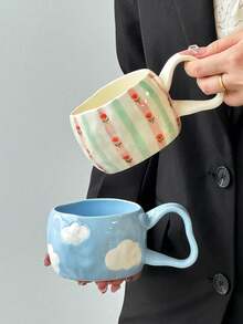 1pc Minimalist Handpainted Heart Ceramic Mug, Korean Ins Style Asymmetrical Handpainted Heart Ceramic Mug With Multicolor Heart, Cloud And Flower Patterns, Ideal For Afternoon Tea, Milk, Latte And Coffee - Multicolor - View 9
