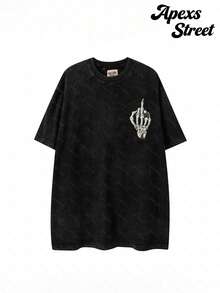 GALLERY  Skeleton  Black Short Sleeve T-Shirt, High-Quality Washed Cotton Printed T-Shirts, Menswear, Suitable For Street Retro Style As Well As Outdoor Sports And Leisure Occasions, Comfortable And Stylish, Y2K Apparel, Fashion T-Shirts, Streetwear, Exquisite Gifts. - 黑色 - 查看 2